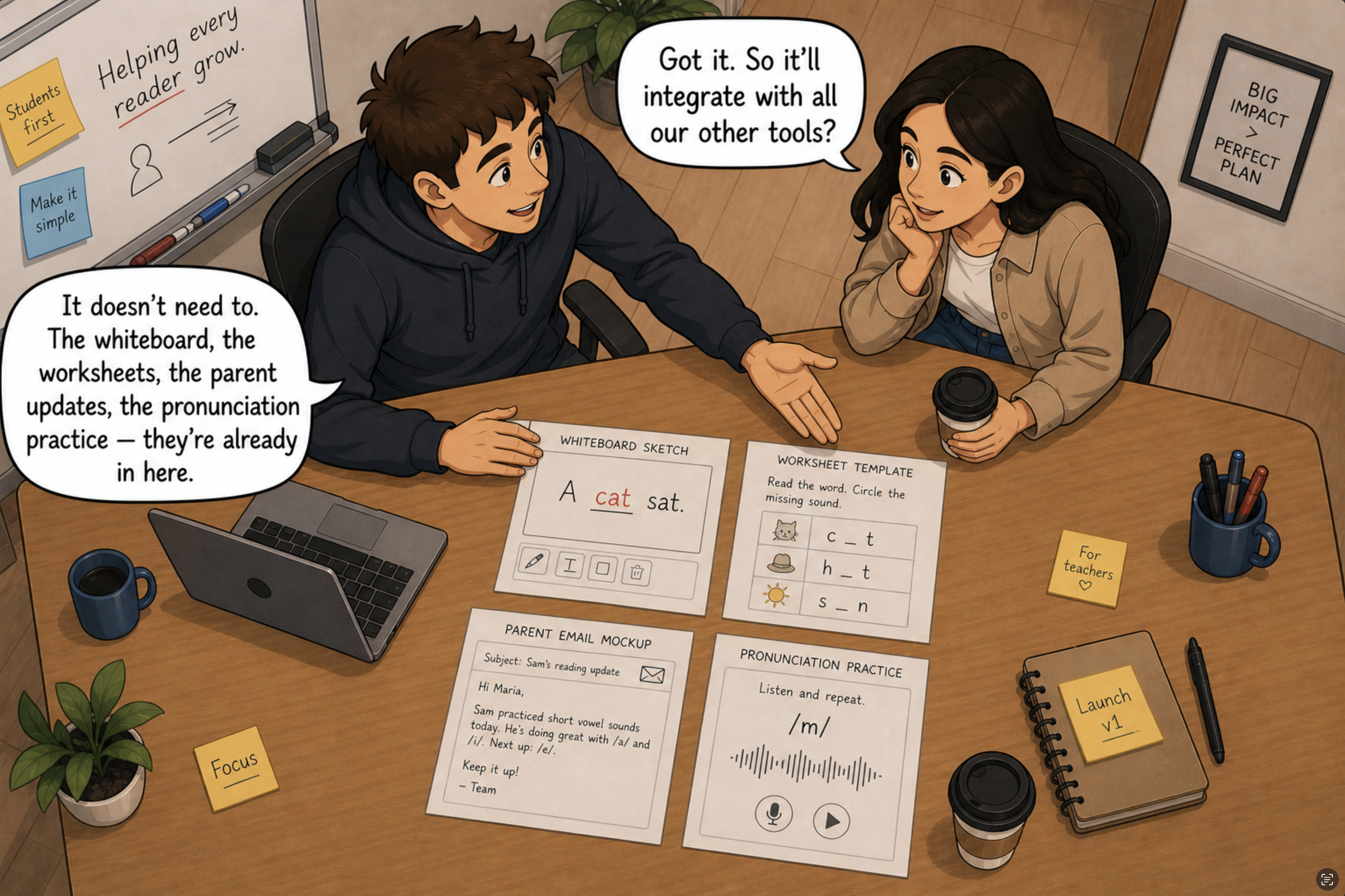 The teacher gestures at a tangle of laptop screens — a generic LMS, a spreadsheet, a clunky gradebook — open across the desk. The friend leans in, sceptical, as the teacher contrasts spreadsheet-software with a tool built around teaching.