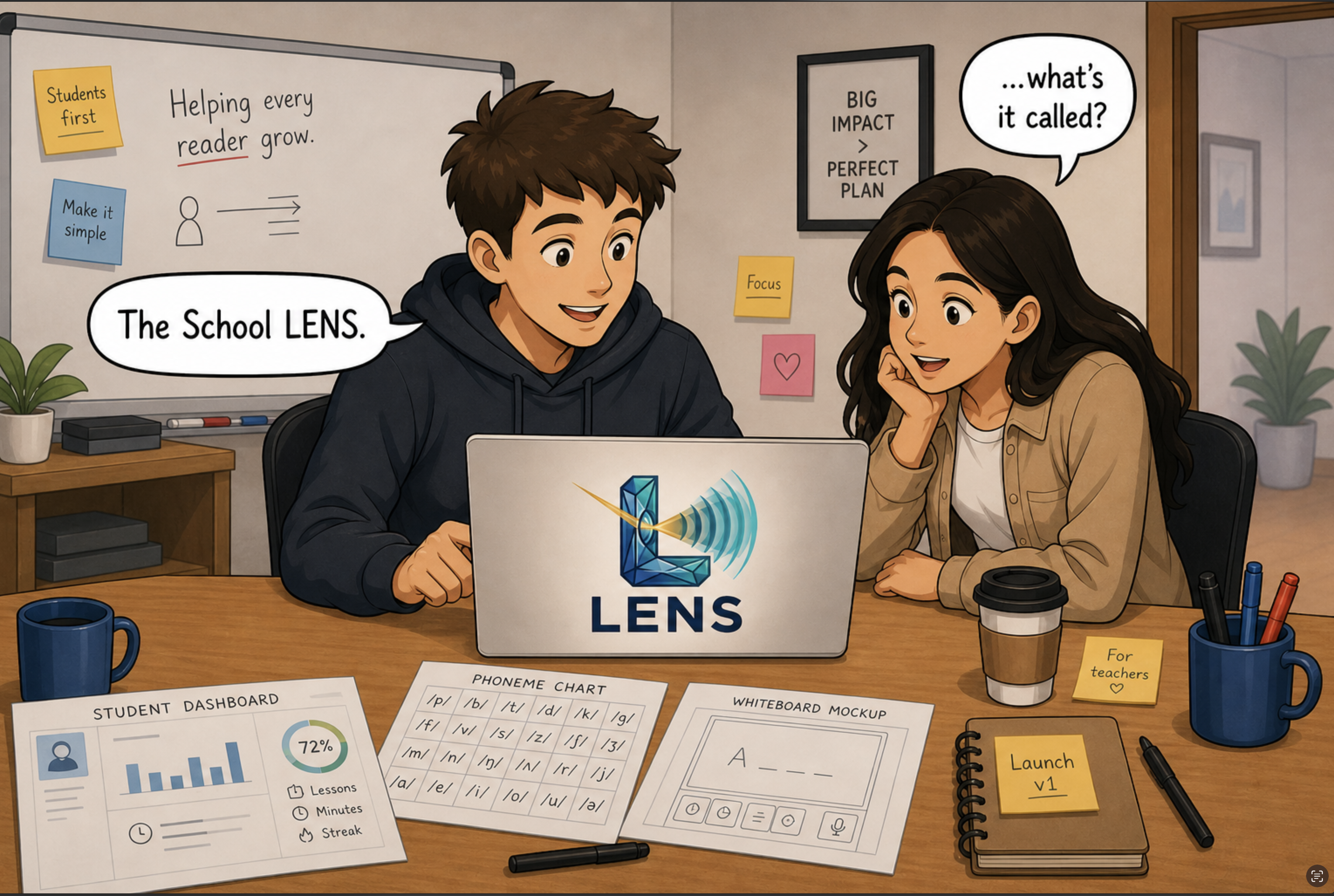 The laptop now displays the LENS wordmark with a blue lens icon. The teacher leans back and says, 'The School LENS.' The friend, smiling, asks, '...what's it called?'